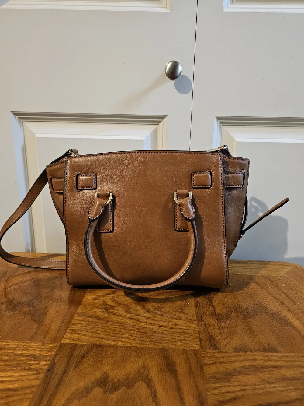 Michael Kors Cognac Leather Satchel with Gold-Tone Lock